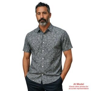 Simons Le31 Short Sleeve Shirt Cotton Button Up Paisley B&W with some Aqua Large